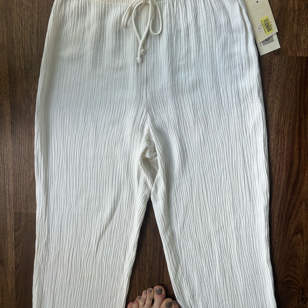 NWT VTG 90s Deadstock Ivory Crinkle Breezy Wide Leg Pull On Pants Resort Beach M - Picture 8 of 13
